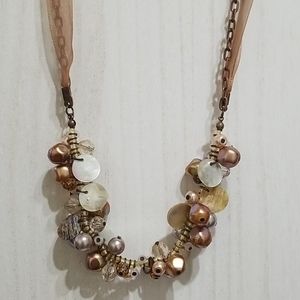 Vintage Mother of Pearl and Bead Ribbon Necklace